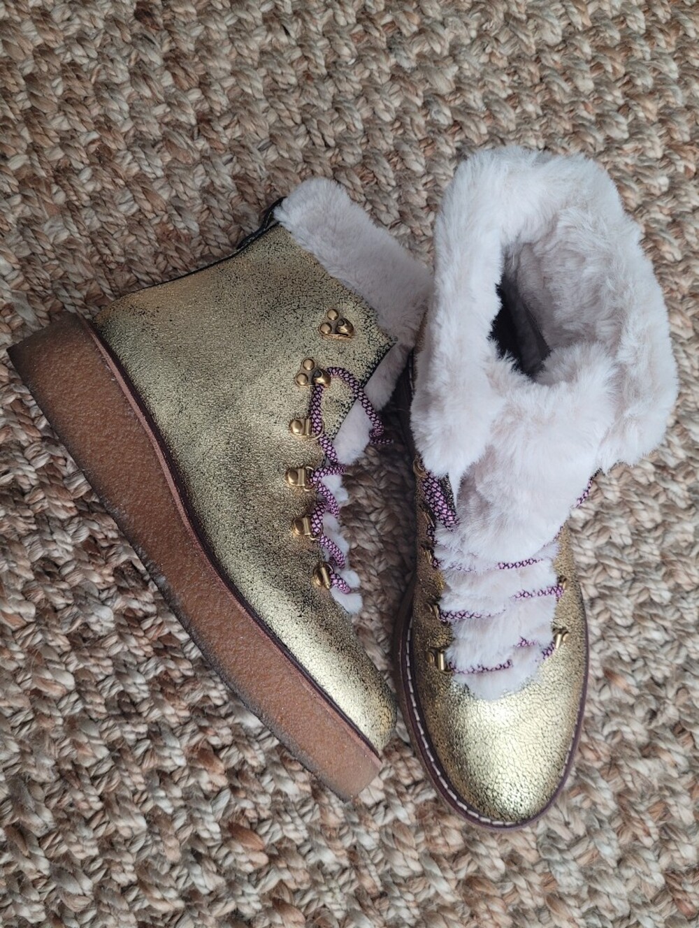 J. Crew Gold Metallic Leather Shearling/Faux Fur Nordic Winter Hiker Boots Sz 8